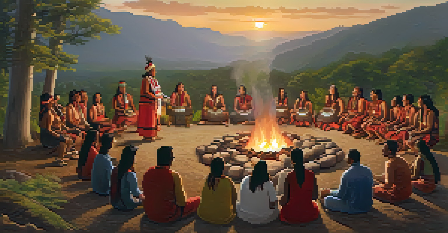A group of Indigenous people in traditional attire engaged in a ceremony, with a fire in the center, surrounded by nature.