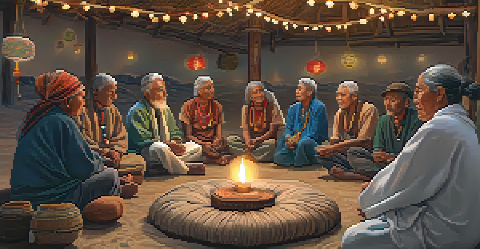 An elder sharing stories with participants in a cozy setting during a Peyote ceremony, surrounded by traditional decorations and warm lantern light.