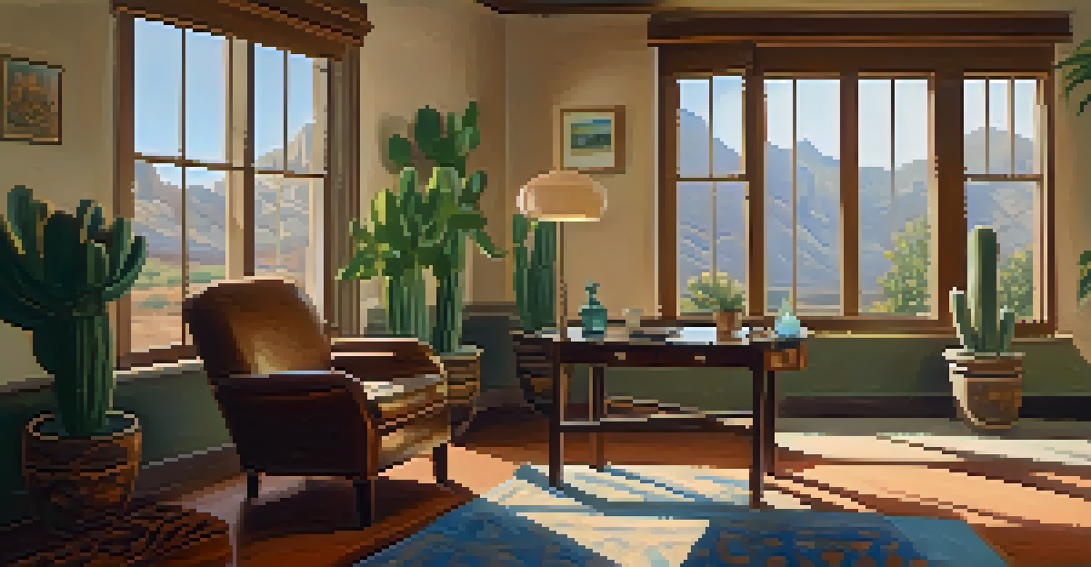 An indoor therapy room with a comfortable chair, soft lighting, and a Peyote cactus on a table, depicting a calming therapy session.