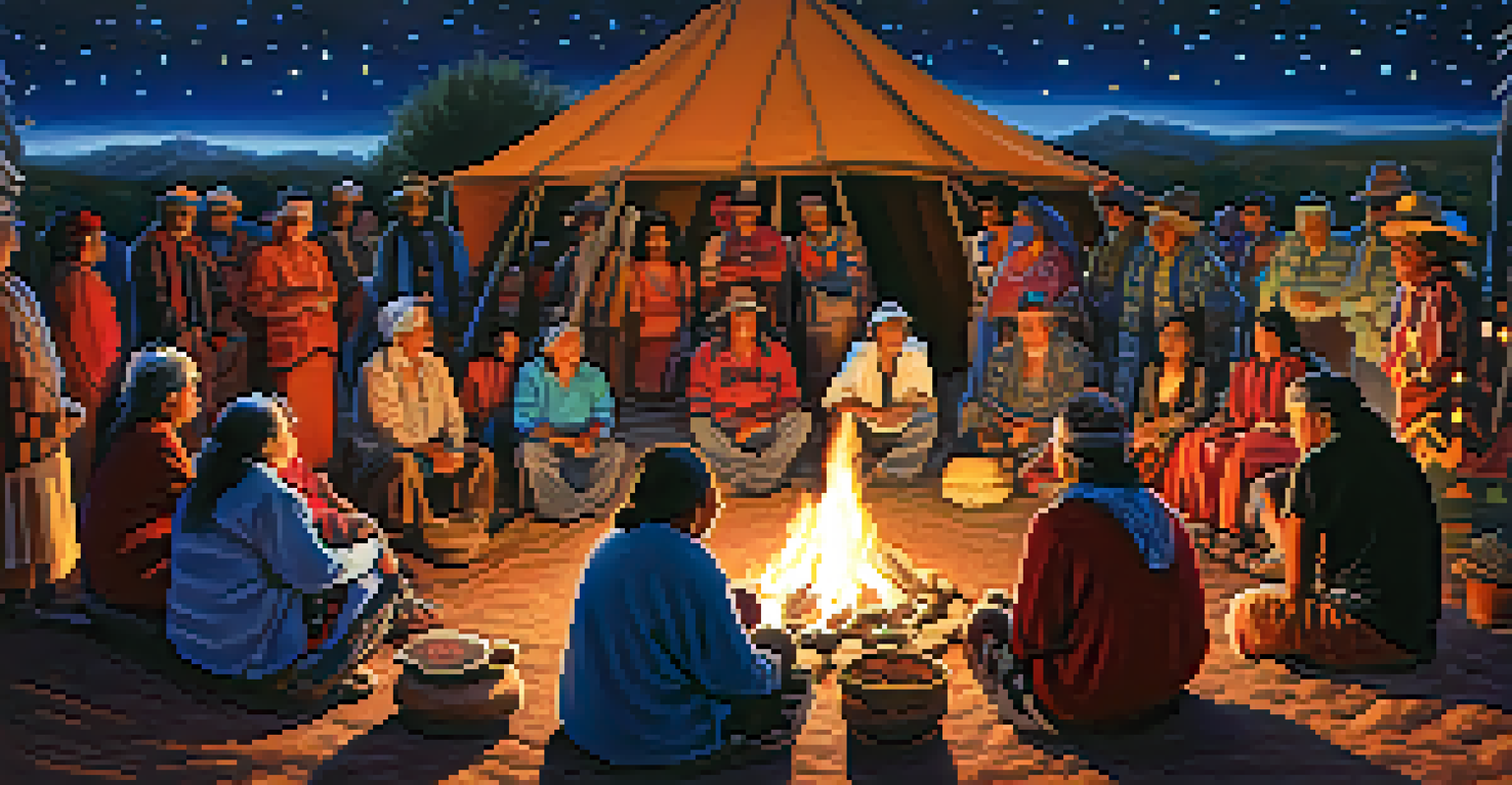 A community gathering celebrating elders in peyote traditions, with people sharing stories around a fire under a starry night sky.