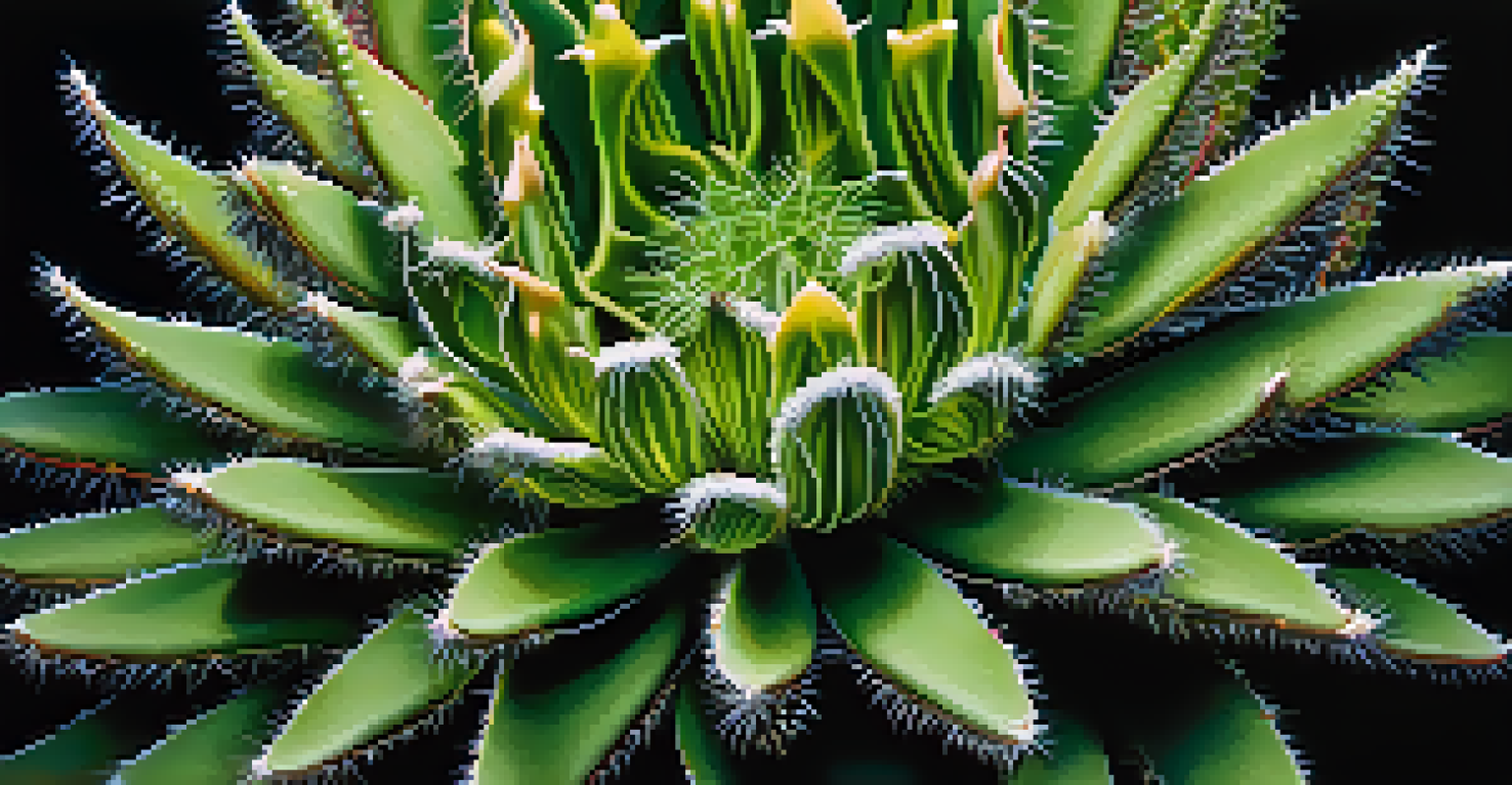 Close-up of a peyote plant, showcasing its unique textures and vibrant colors against a dark background.