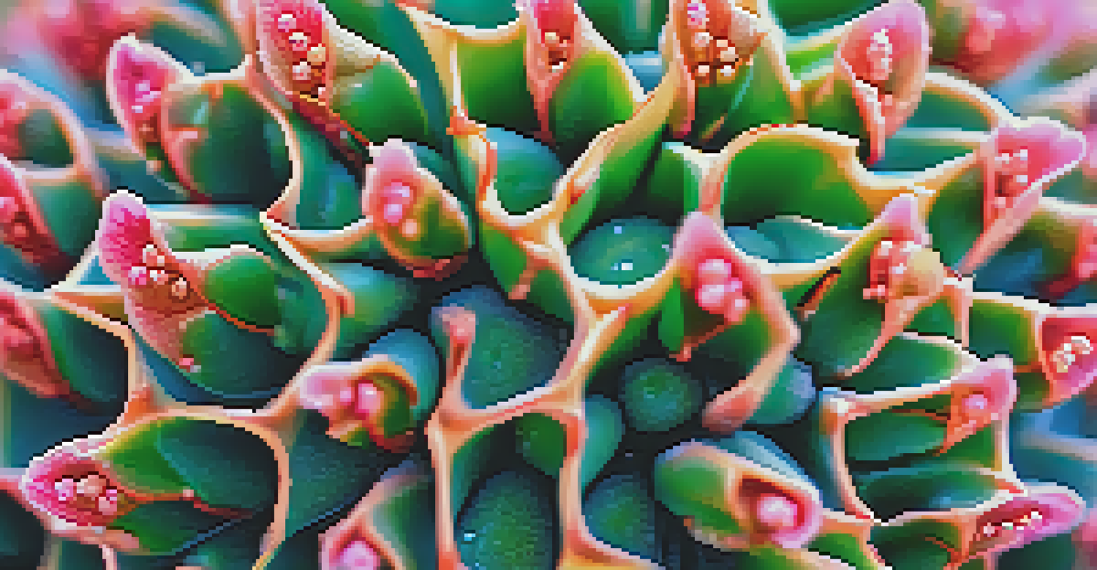 A close-up of a peyote cactus with pink flowers and dew drops in the morning light, highlighting its textured surface.