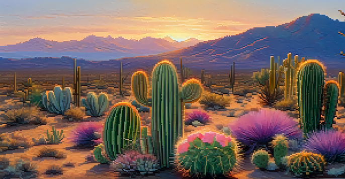 A peaceful desert scene with a blooming peyote cactus in the foreground, illuminated by sunset colors in the sky.