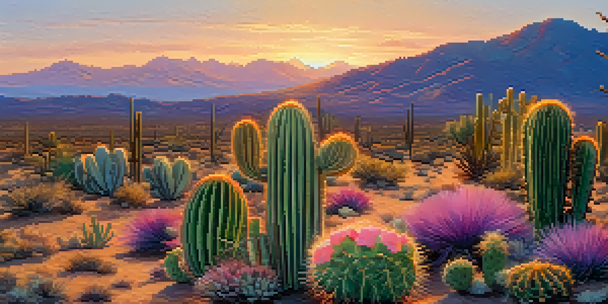 A peaceful desert scene with a blooming peyote cactus in the foreground, illuminated by sunset colors in the sky.