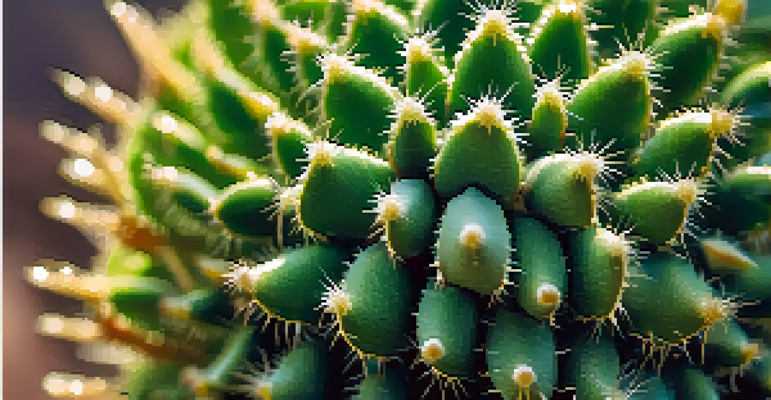 A detailed close-up of a Peyote cactus, highlighting its green color and spines with droplets of dew.