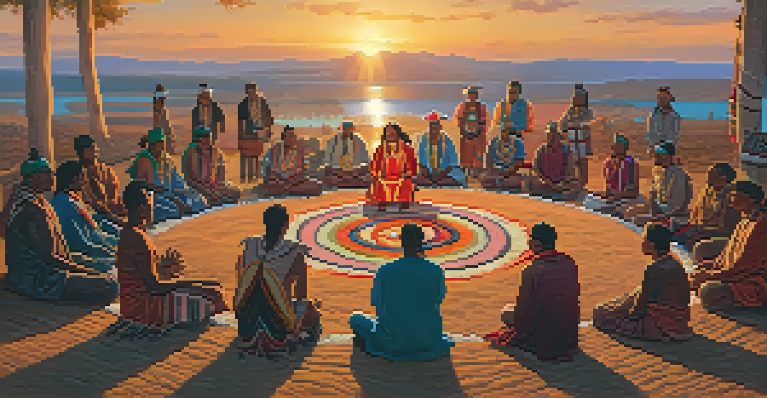 Indigenous man in a traditional ceremony with community members, set against a colorful sunset sky.