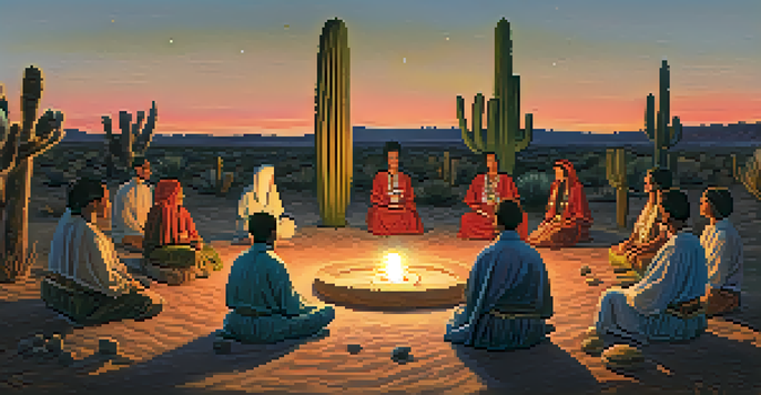 A peaceful outdoor Peyote ceremony with participants in a circle, an altar in the center, and a twilight sky.