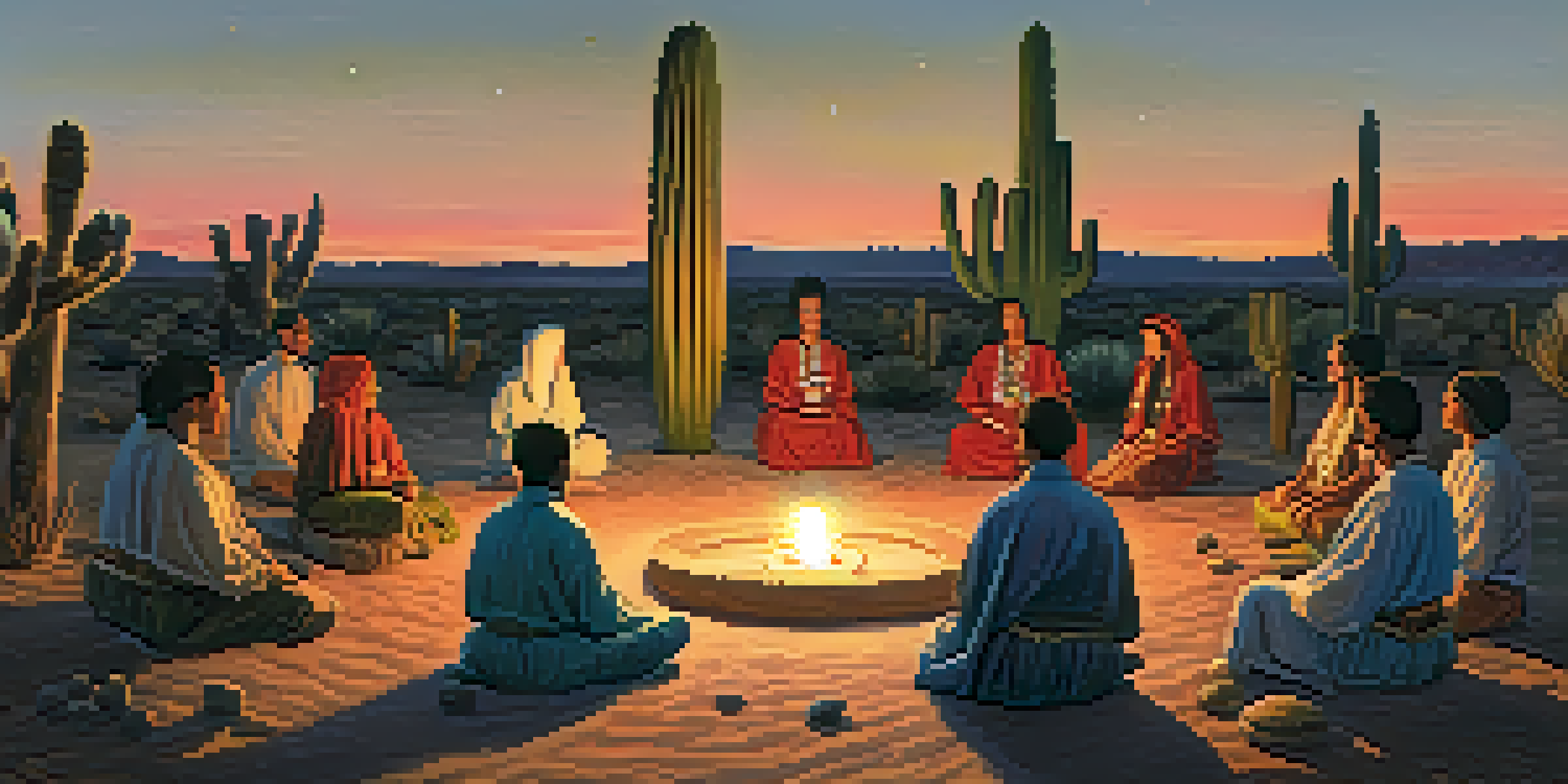 A peaceful outdoor Peyote ceremony with participants in a circle, an altar in the center, and a twilight sky.
