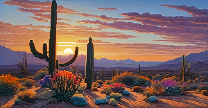 A peyote cactus in the desert at sunset, with colorful flowers and a warm sky.