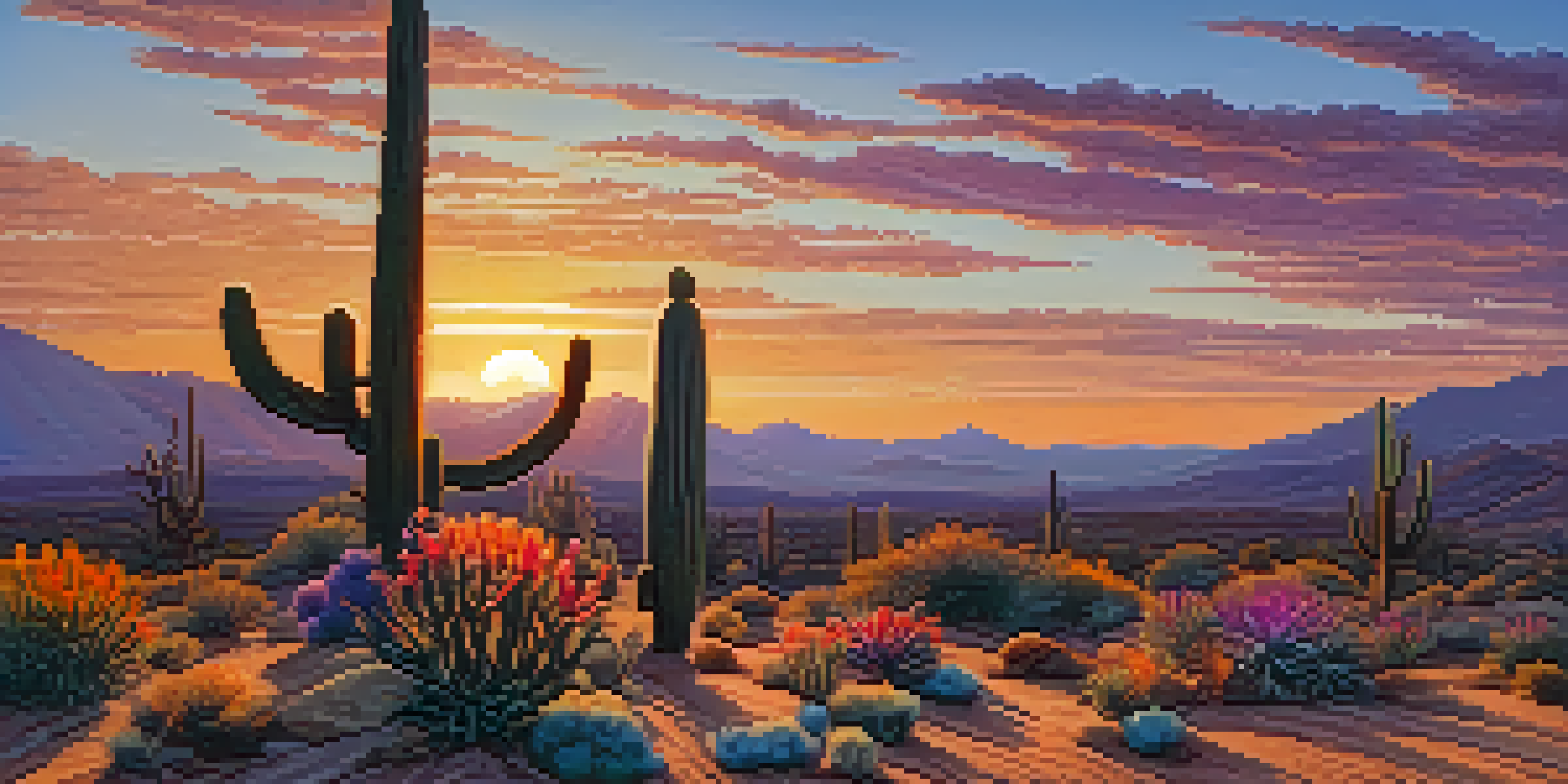 A peyote cactus in the desert at sunset, with colorful flowers and a warm sky.