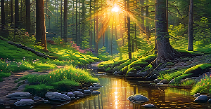 A tranquil forest with sunlight filtering through trees and a gentle stream, creating a peaceful atmosphere.