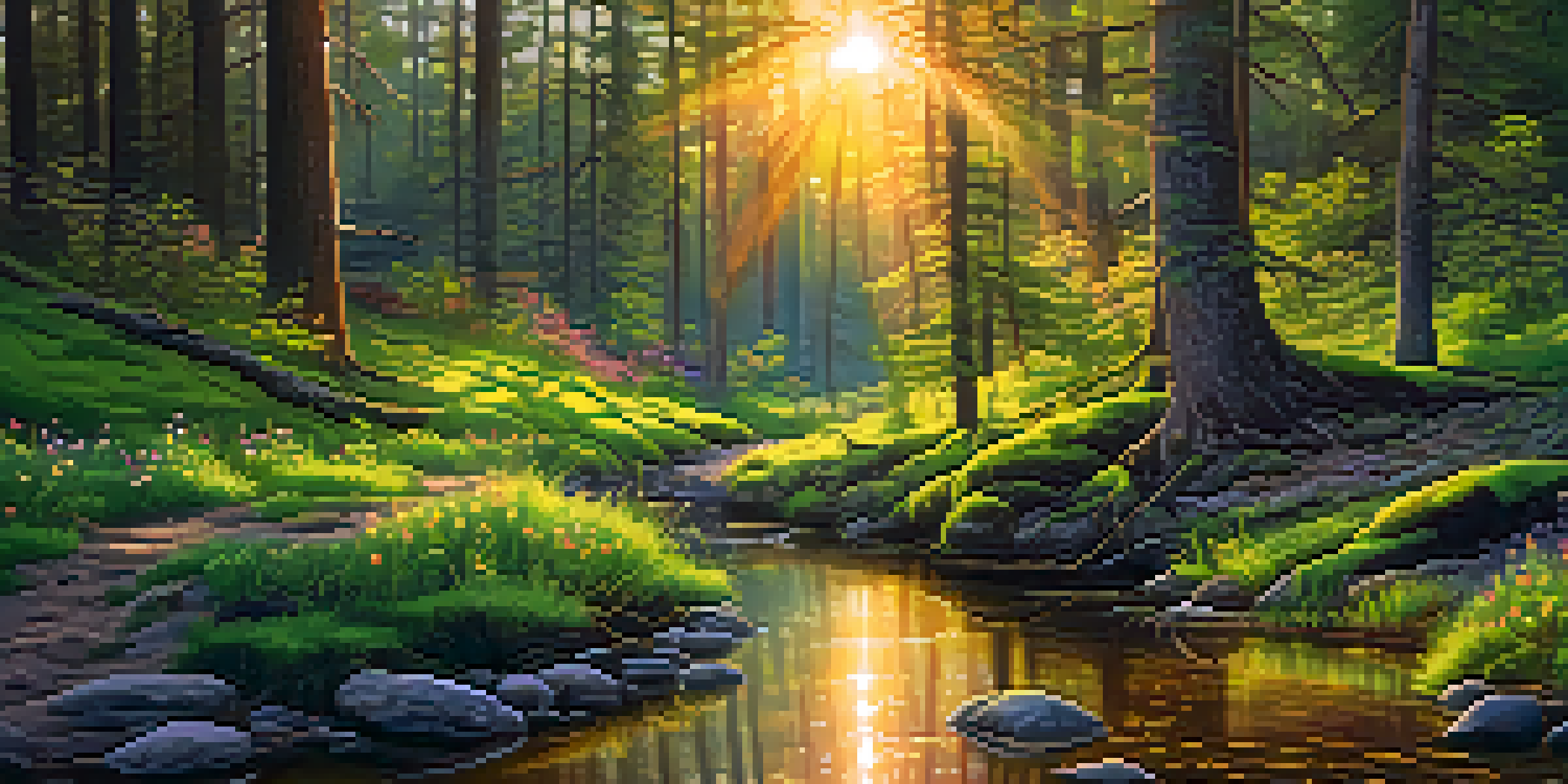 A tranquil forest with sunlight filtering through trees and a gentle stream, creating a peaceful atmosphere.