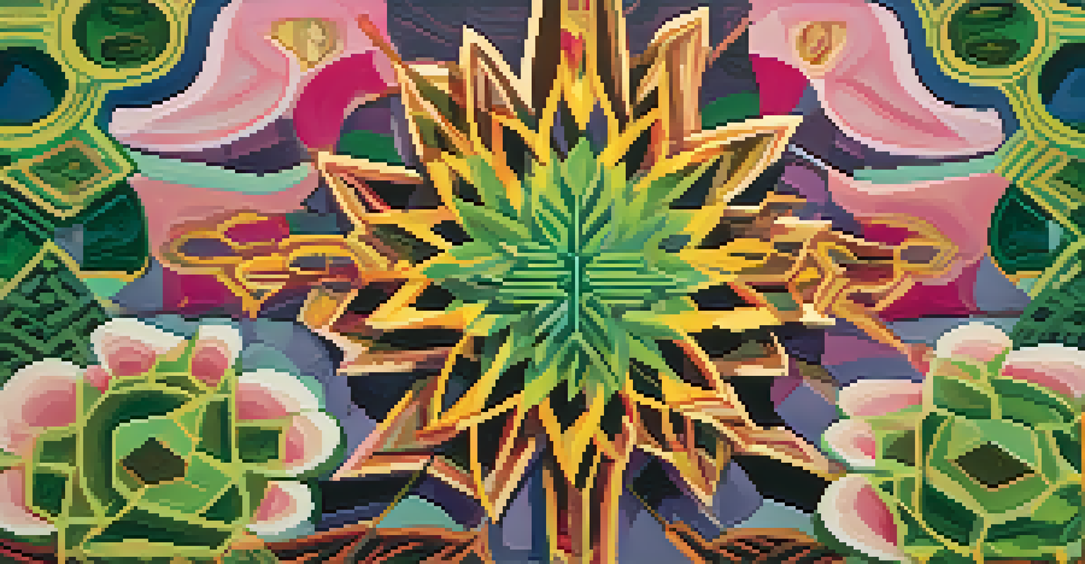 A mixed-media artwork displaying peyote motifs with vibrant colors and abstract patterns, symbolizing transformation and spirituality.