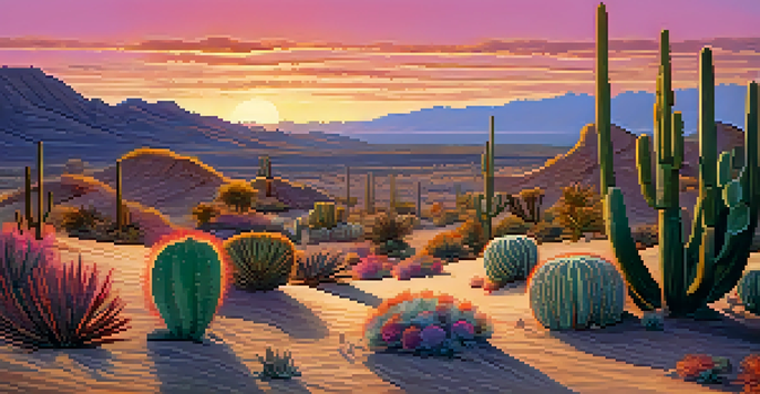 A desert scene at sunset with colorful sky and peyote cacti in the foreground.