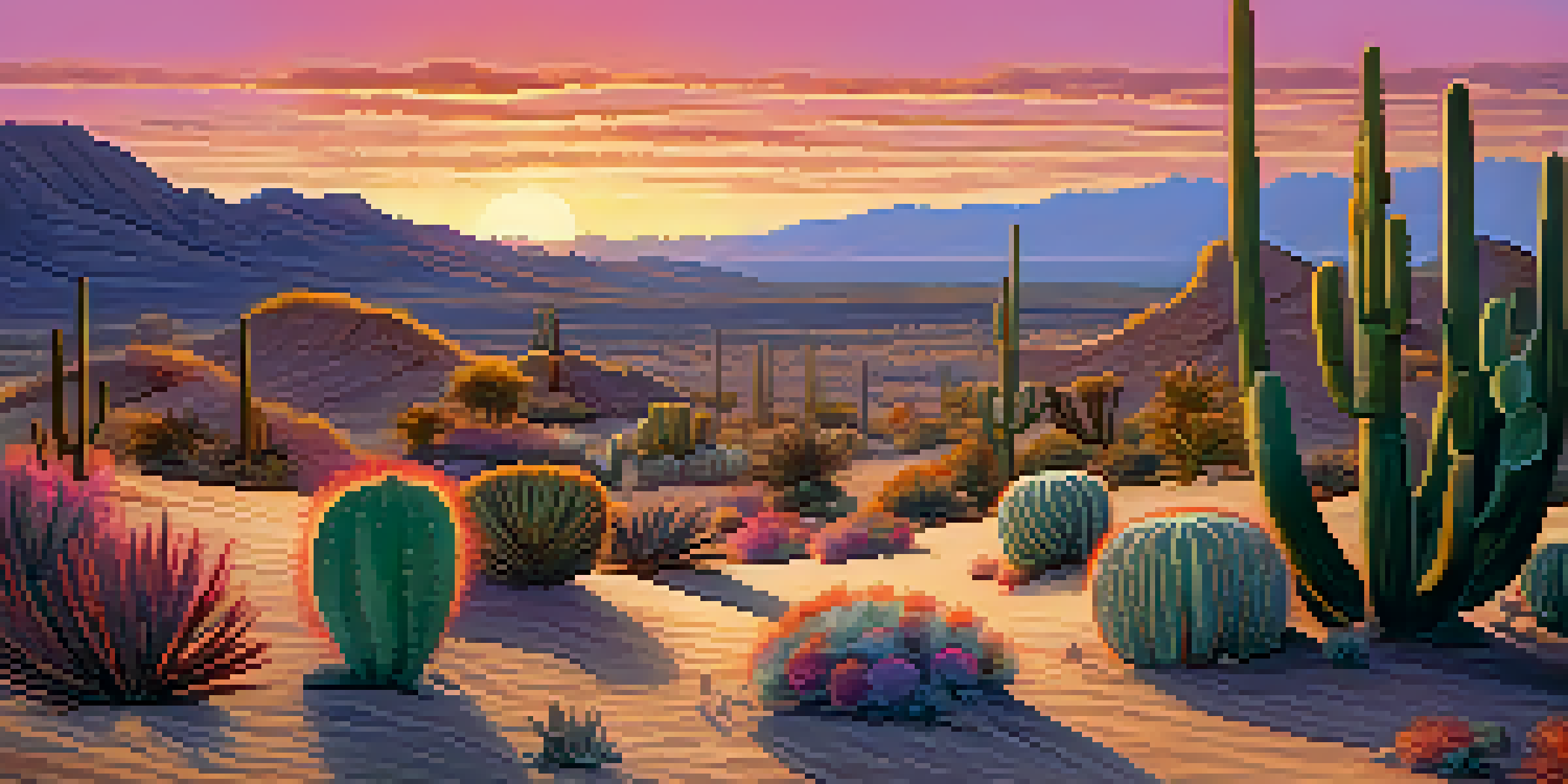 A desert scene at sunset with colorful sky and peyote cacti in the foreground.
