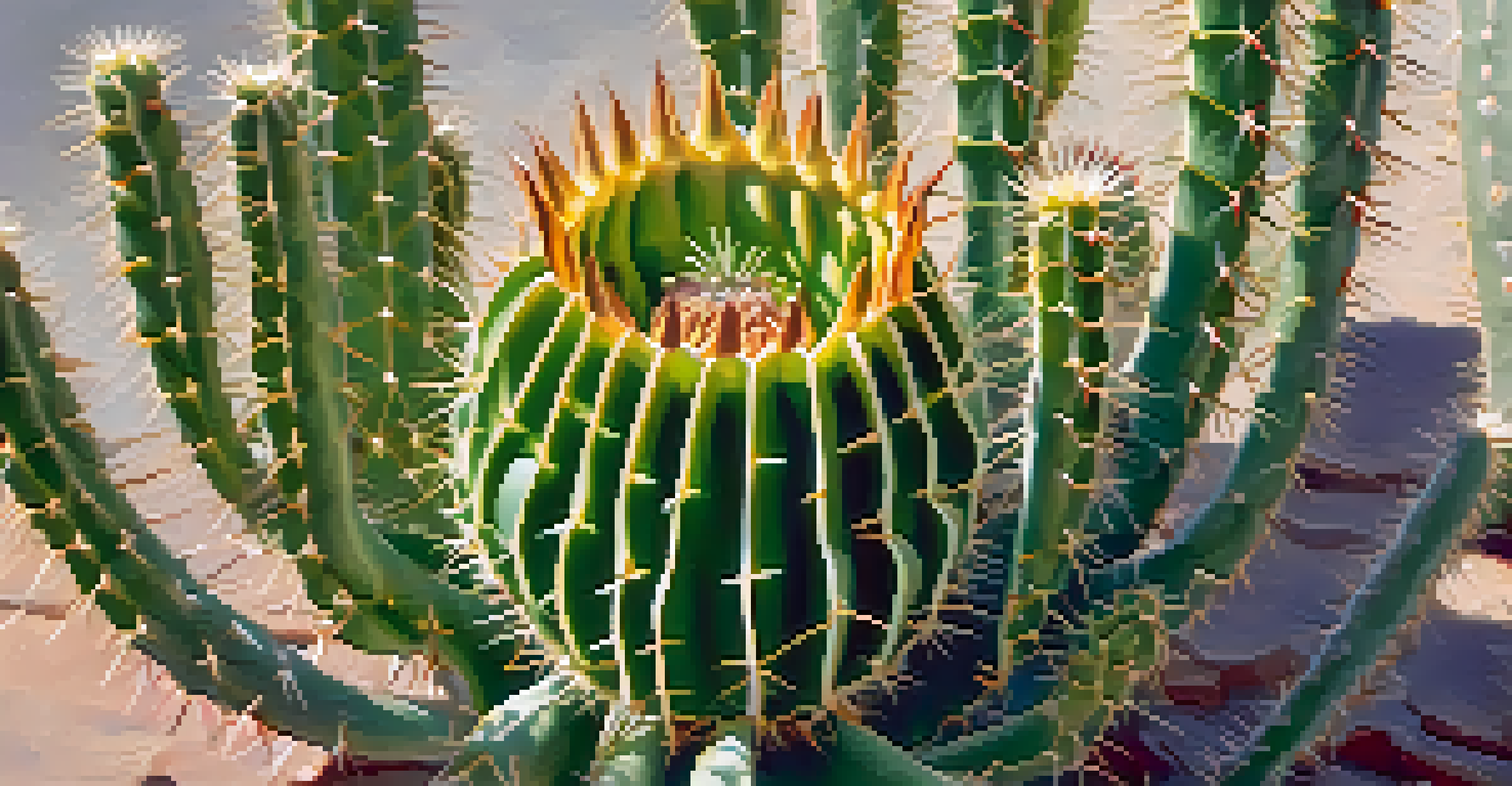 A detailed close-up of a peyote cactus with sharp spines, basking in sunlight, surrounded by blurred wildflowers.