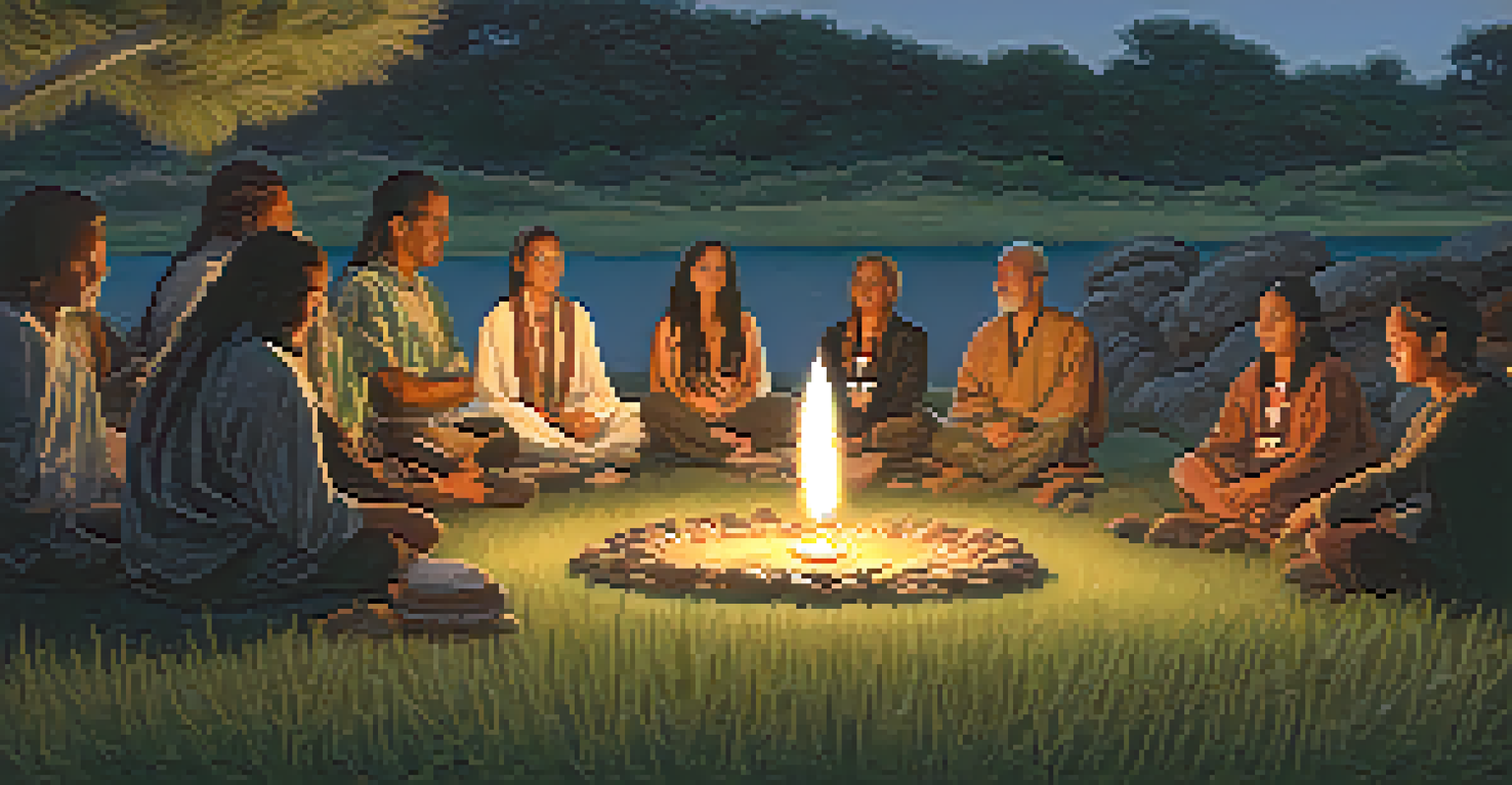A peyote ceremony in a natural setting with participants sitting in a circle, guided by a spiritual leader, illuminated by candlelight.