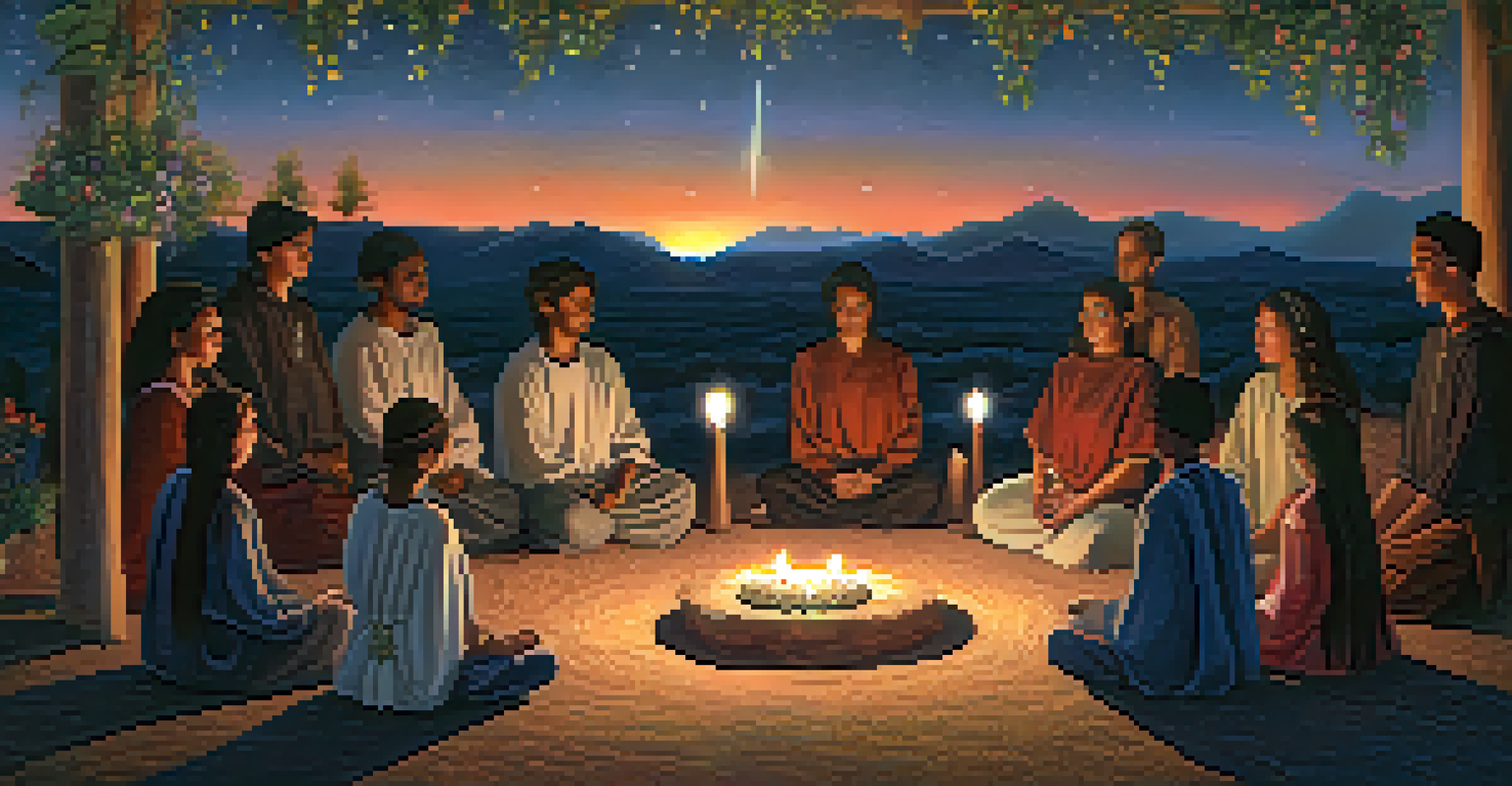 Group of people holding hands in a circle during a peyote mourning ritual under a starry sky, with an altar of flowers and candles in the center.