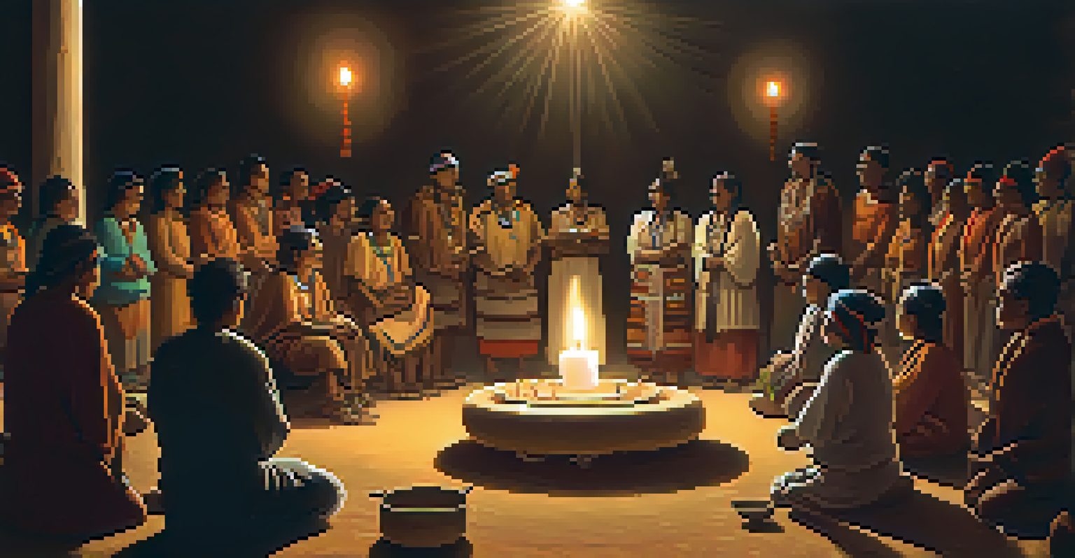 An Indigenous healer performing a traditional ceremony with peyote, surrounded by participants and candlelight.
