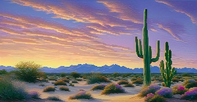 A desert scene at twilight with a Peyote cactus in the foreground, surrounded by sand dunes and a colorful sunset sky.