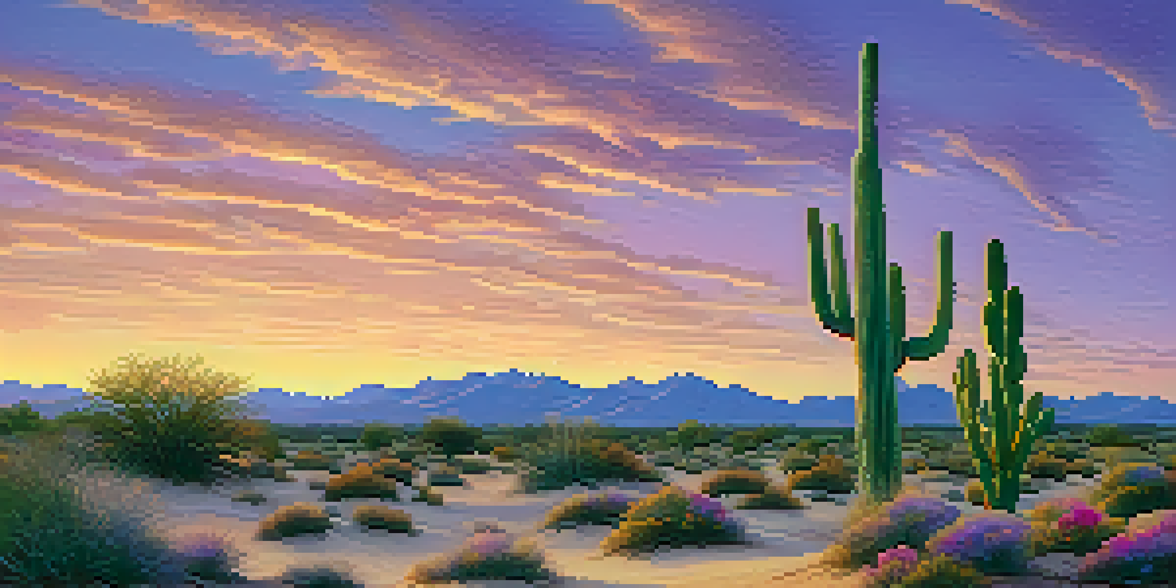 A desert scene at twilight with a Peyote cactus in the foreground, surrounded by sand dunes and a colorful sunset sky.