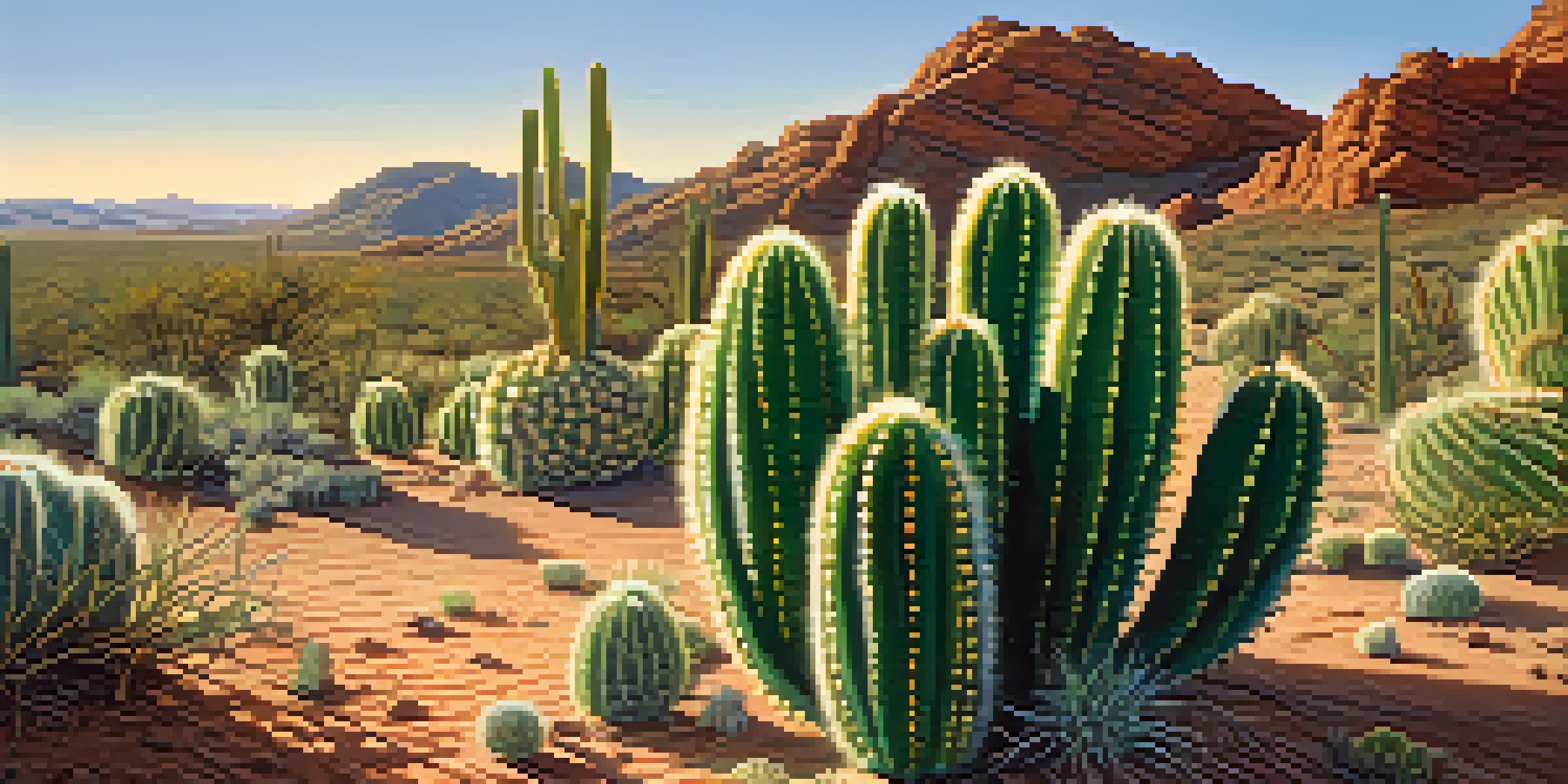 A close-up of a peyote cactus with spines and vibrant green color, set against a blurred desert background under warm golden sunlight.