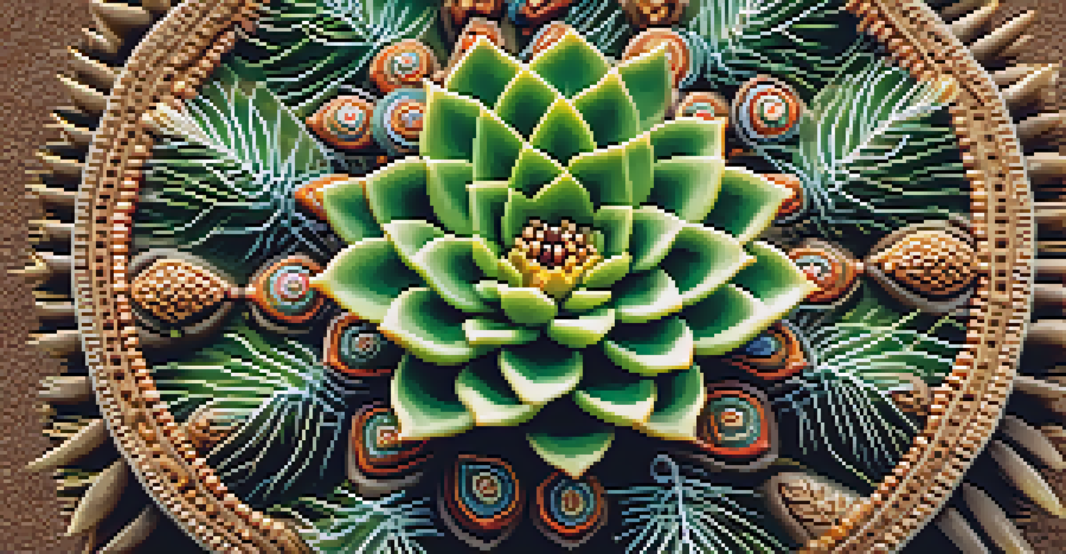 A close-up of a decorated peyote cactus with a ceremonial gathering blurred in the background.