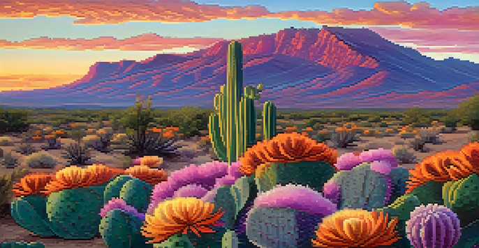 A vivid sunset landscape with a peyote cactus in the foreground, mountains in the background, and colorful wildflowers in the desert.