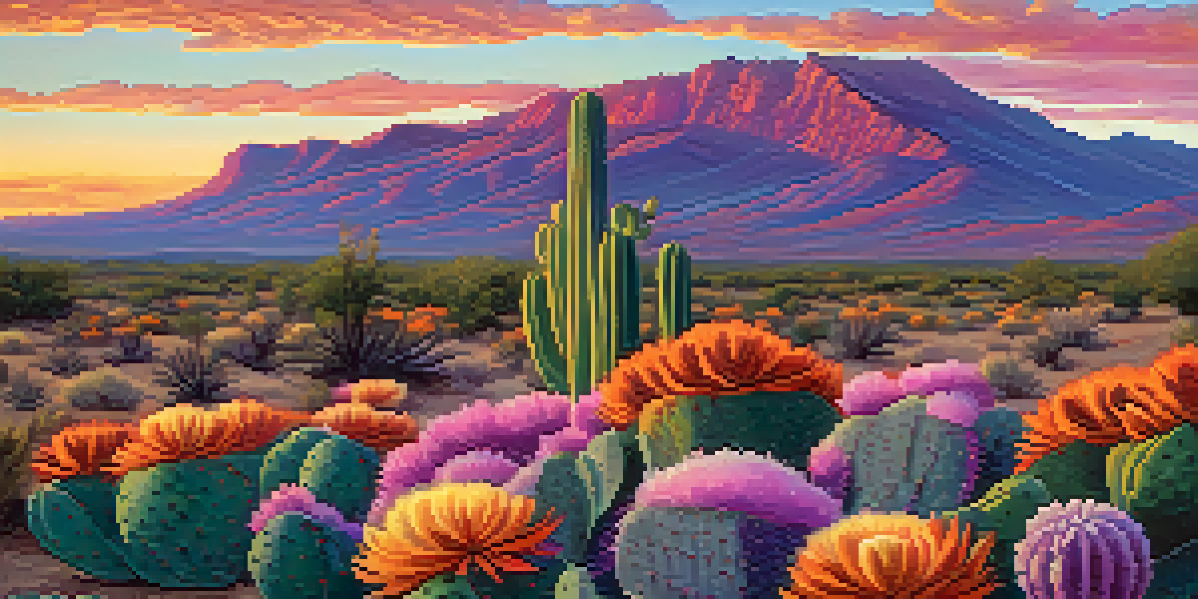 A vivid sunset landscape with a peyote cactus in the foreground, mountains in the background, and colorful wildflowers in the desert.