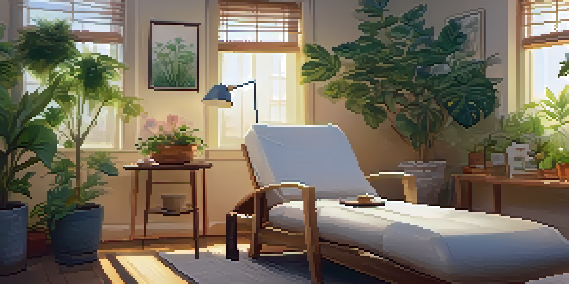 A cozy therapy room designed for psychedelic therapy, with a reclining chair, plants, and a supportive guide.