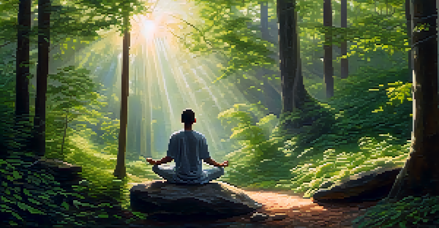 A person meditating on a rock in a tranquil forest, surrounded by green trees and soft sunlight filtering through the branches.