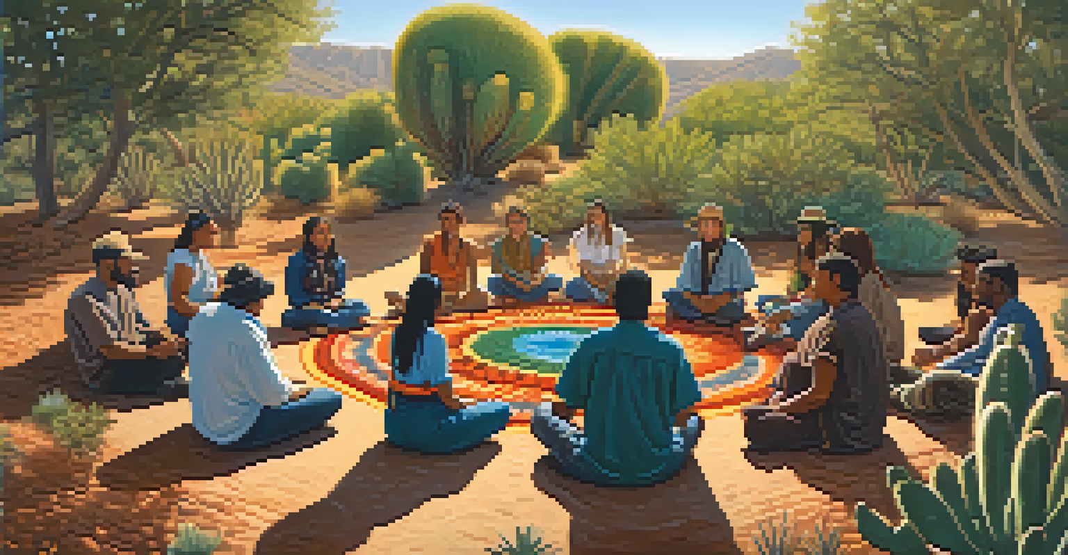 A group of diverse individuals seated in a circle around a peyote cactus, engaging in respectful dialogue in a natural setting.