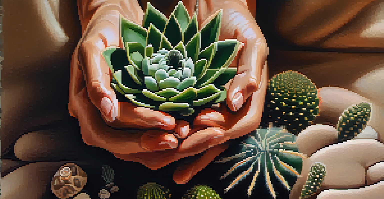 A close-up of hands holding a Peyote cactus, with detailed textures and a blurred natural background.
