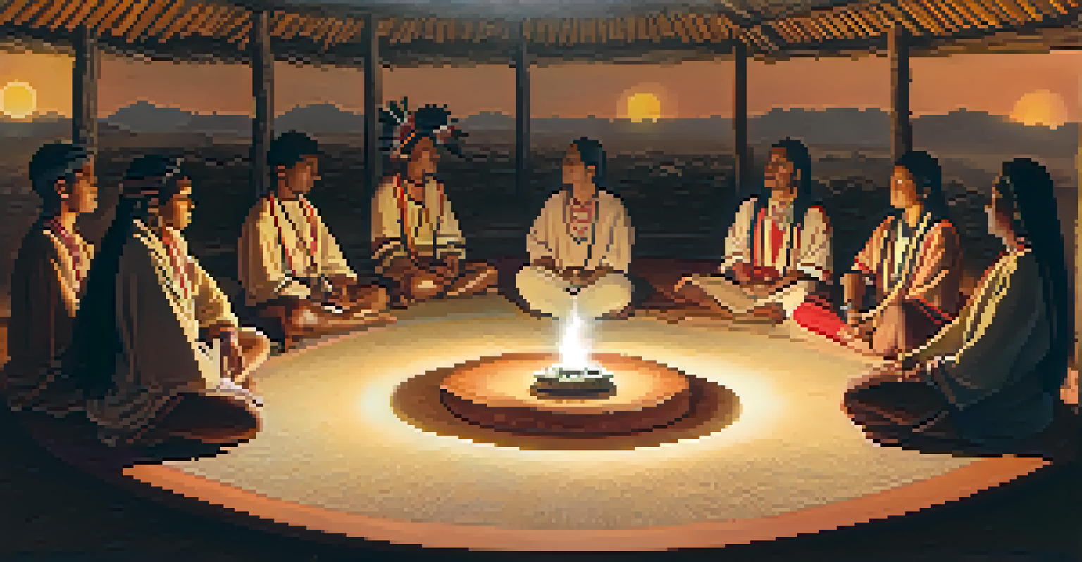 A circle of Indigenous people engaged in a peyote ceremony with candlelight and traditional items.