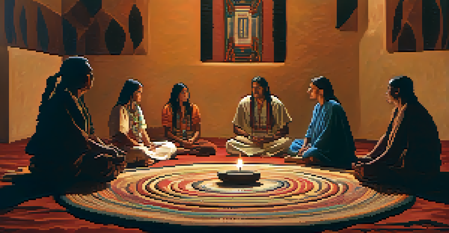 Participants in a Native American ceremony sitting in a circle around a peyote cactus, illuminated by soft candlelight.