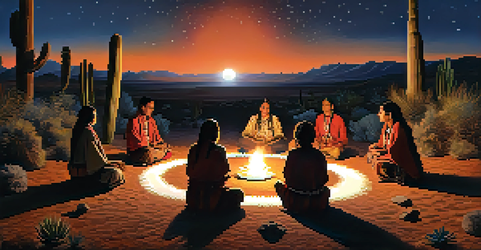 An Indigenous gathering around a fire, with peyote cacti at the center, under a starry night.