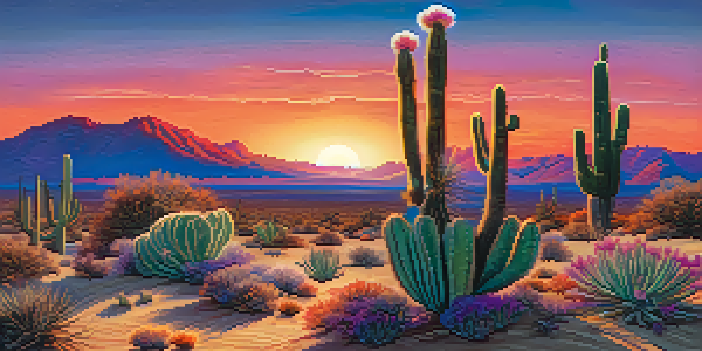 A desert scene at sunset with a small peyote cactus in the foreground, vibrant sky colors, and distant mountains.