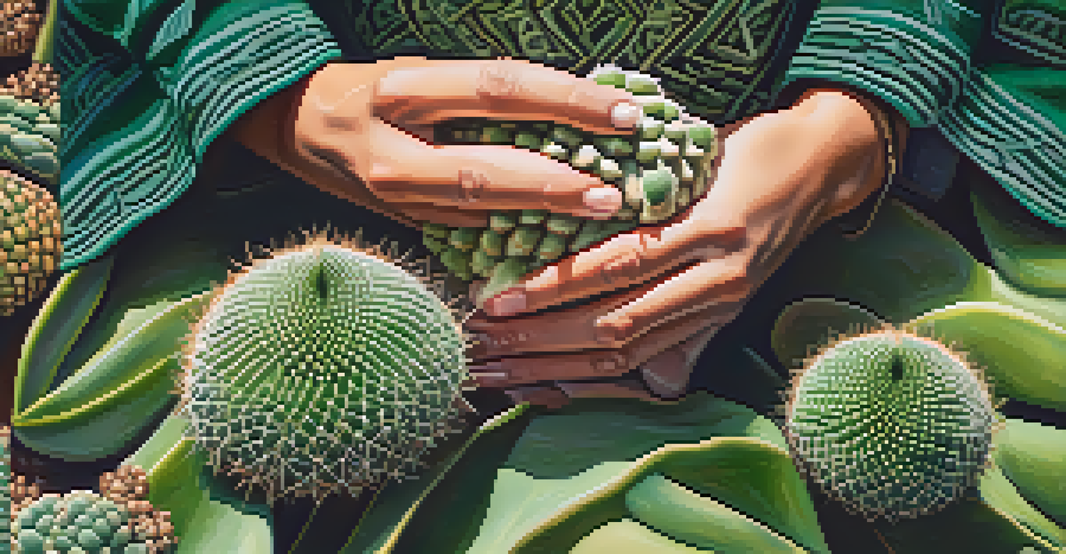 Close-up of a woman's hands holding a peyote cactus, showcasing its textures and vibrant colors, with a softly blurred background.
