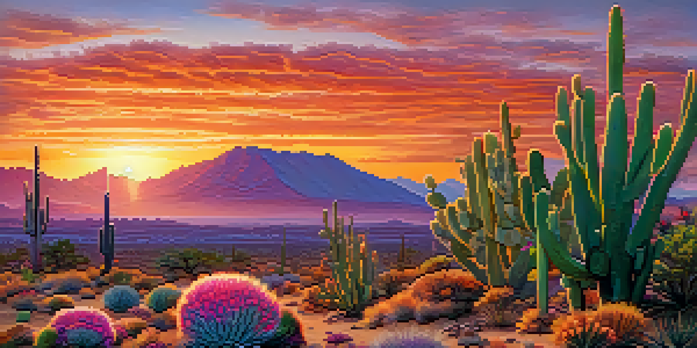 A lush green Peyote cactus in a vibrant desert landscape at sunset, with warm colors in the sky and intricate details of the cactus and surrounding flowers.