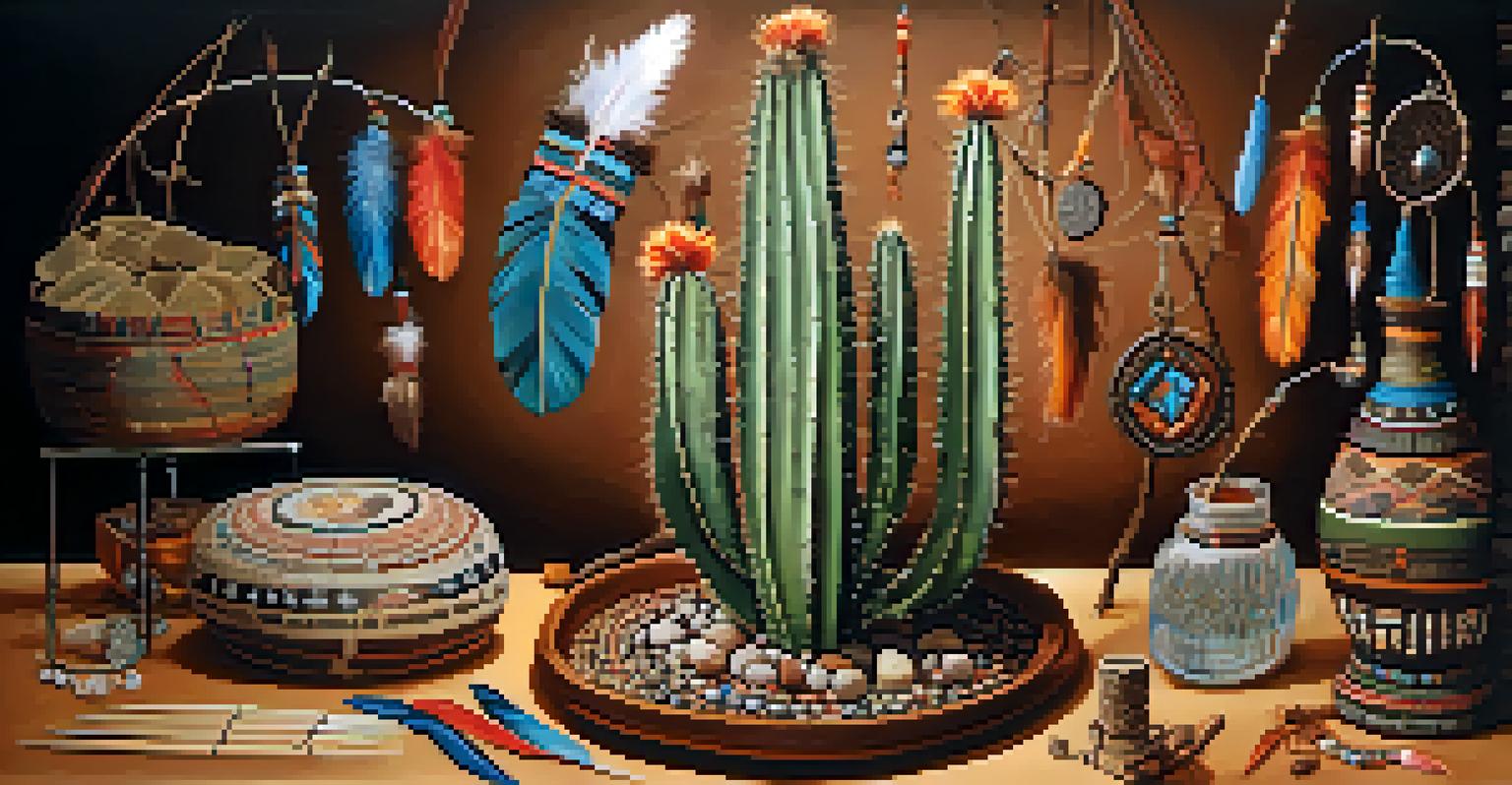A peyote cactus surrounded by dreamcatchers, feathers, and tribal patterns in an artistic representation.
