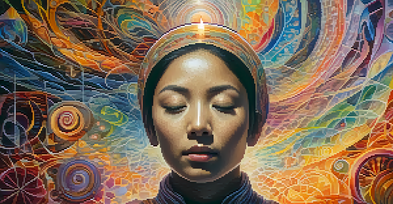 An abstract image of a person meditating, surrounded by colorful patterns symbolizing introspection and spirituality.