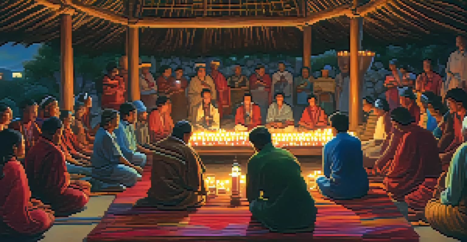 Community gathering in a ceremonial setting with prayer and song, surrounded by lanterns, candles, and sacred items including peyote.
