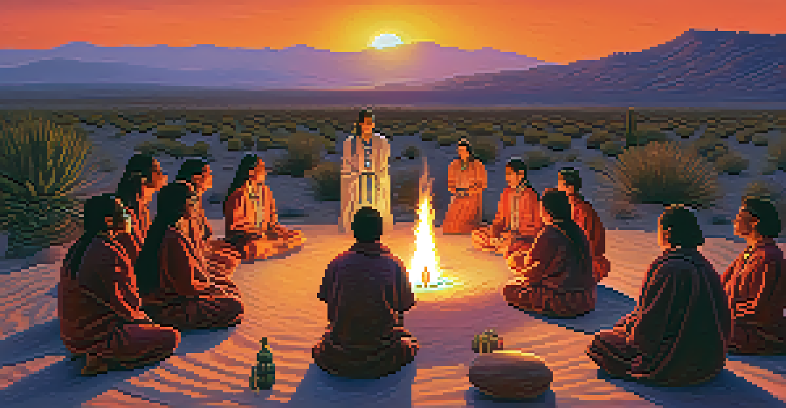 A group of Indigenous people in a peyote ceremony in a desert landscape at sunset, with a fire in the center.