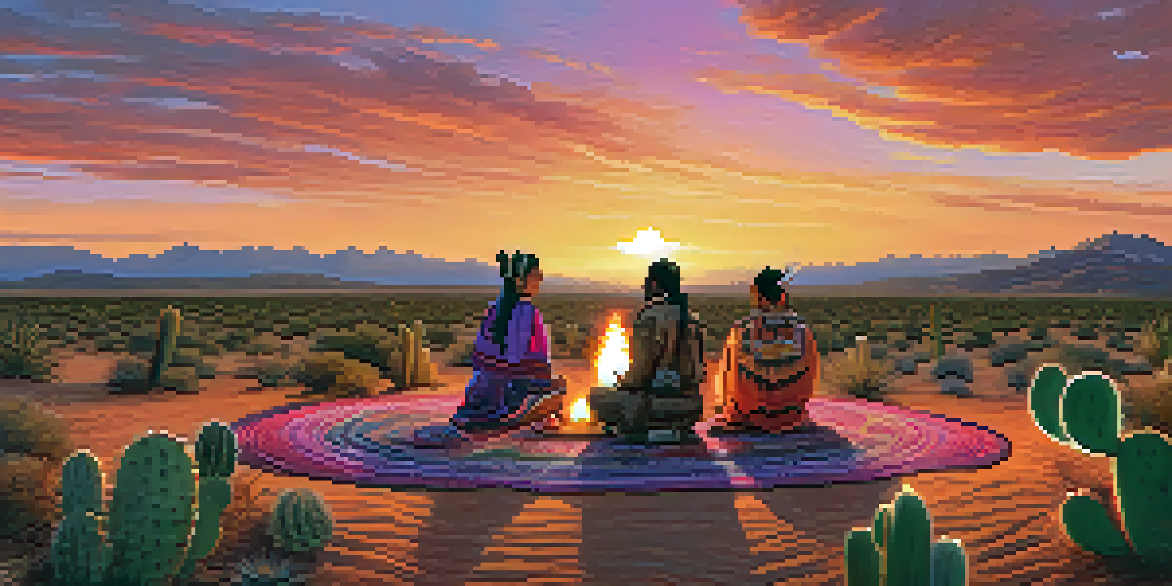 A group of Indigenous individuals gathered in a desert during a Peyote ceremony, with a colorful sunset in the background.