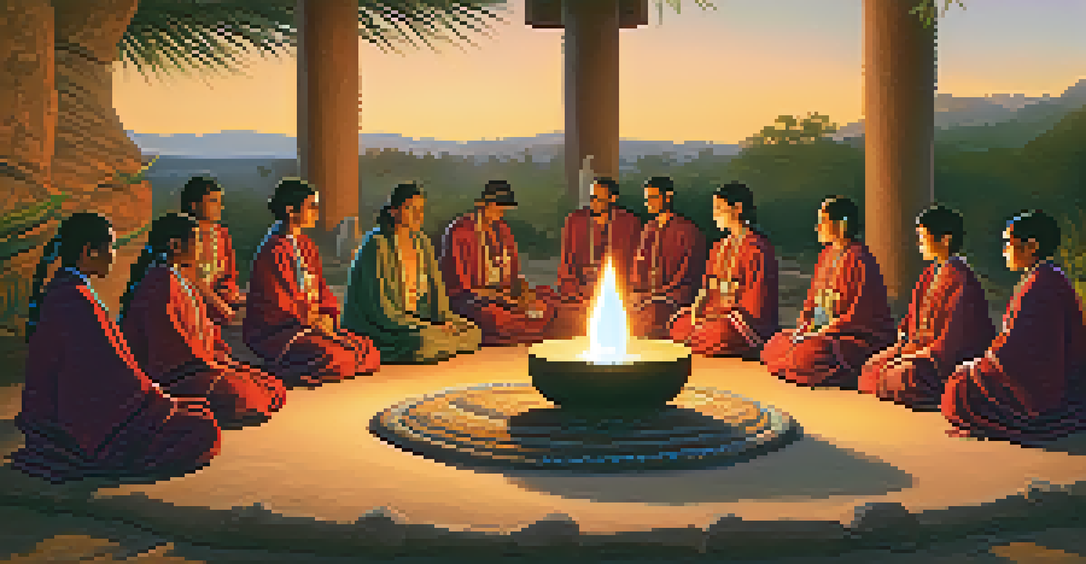 A group of individuals in traditional attire participating in a peyote ceremony, surrounded by nature and candlelight.