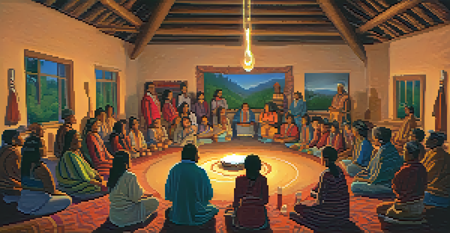 A group of Indigenous individuals participating in a peyote ceremony inside a dimly lit meeting house, surrounded by candles and colorful decorations.