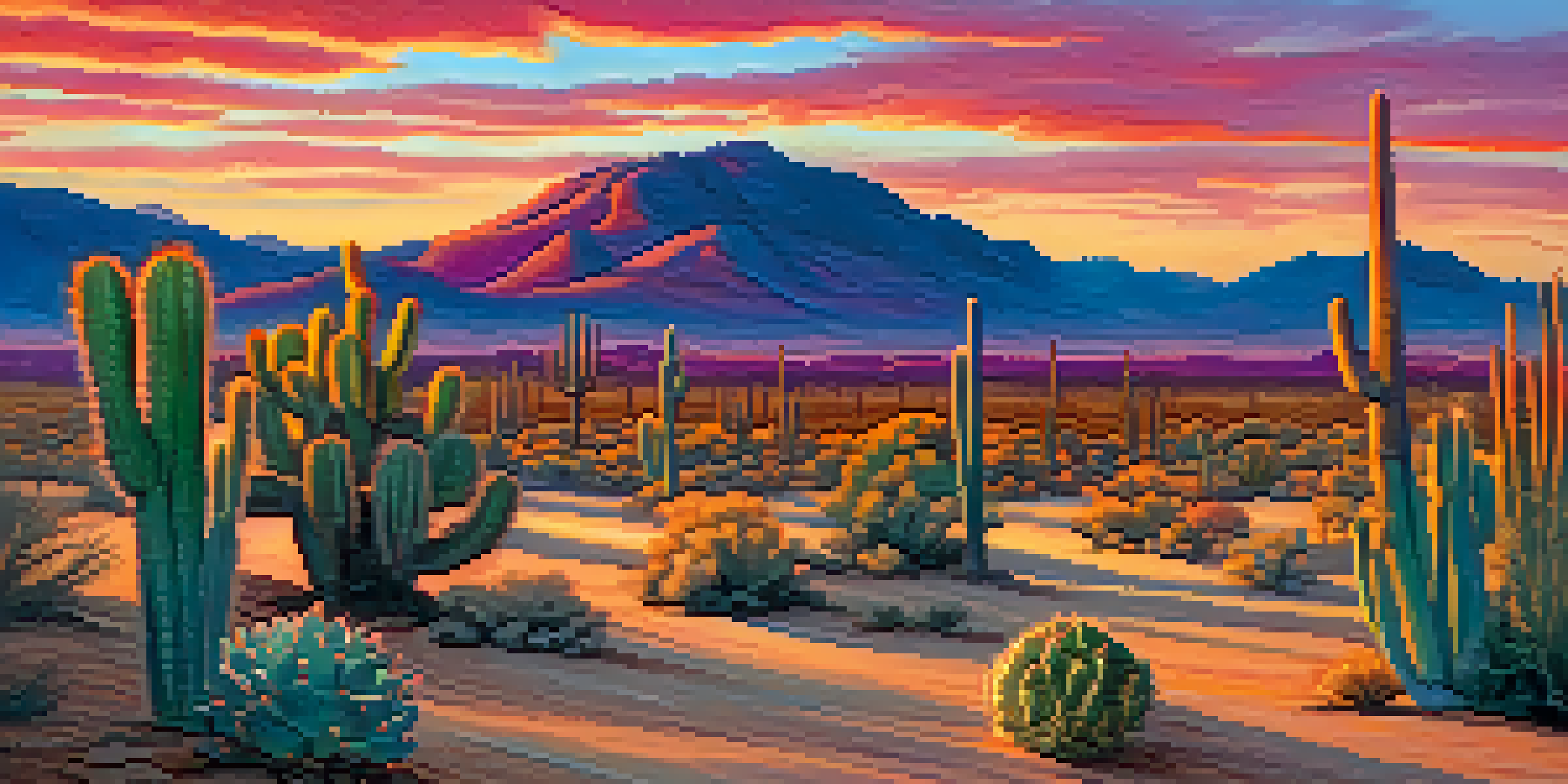 A tranquil desert scene at sunset with peyote cacti illuminated by warm colors in the sky.