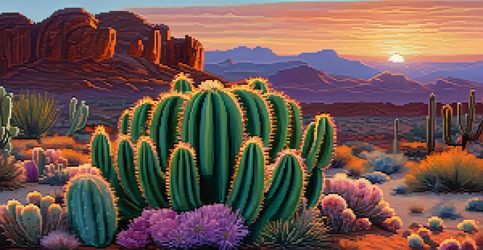 A picturesque sunset over a desert landscape featuring a peyote cactus, with warm colors illuminating the scene.