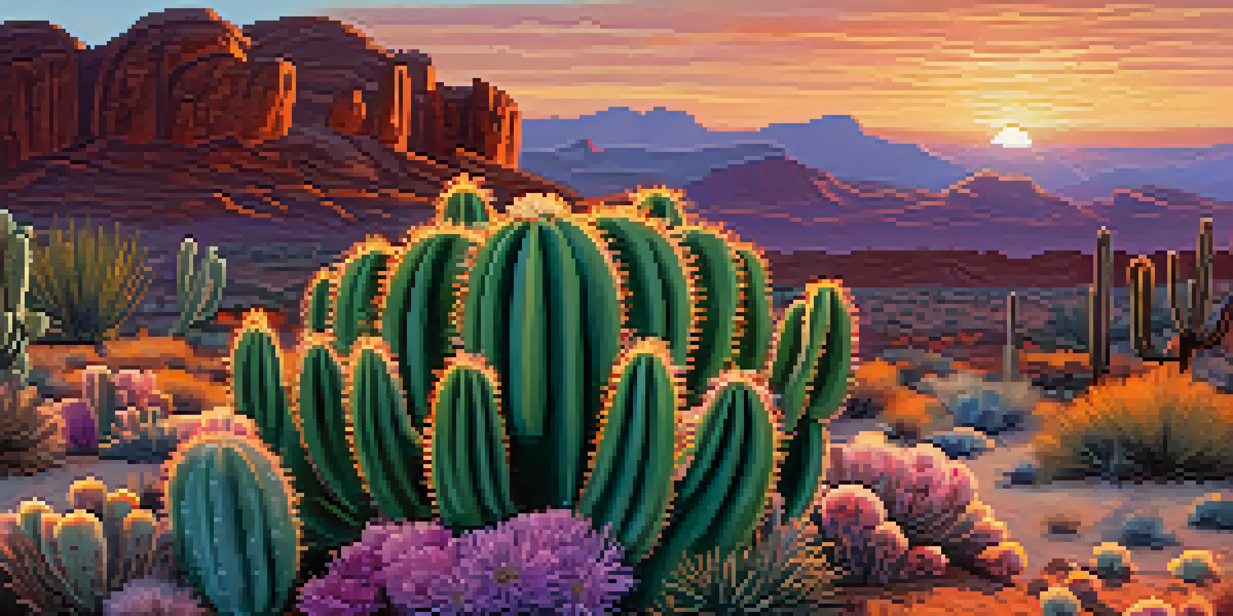 A picturesque sunset over a desert landscape featuring a peyote cactus, with warm colors illuminating the scene.