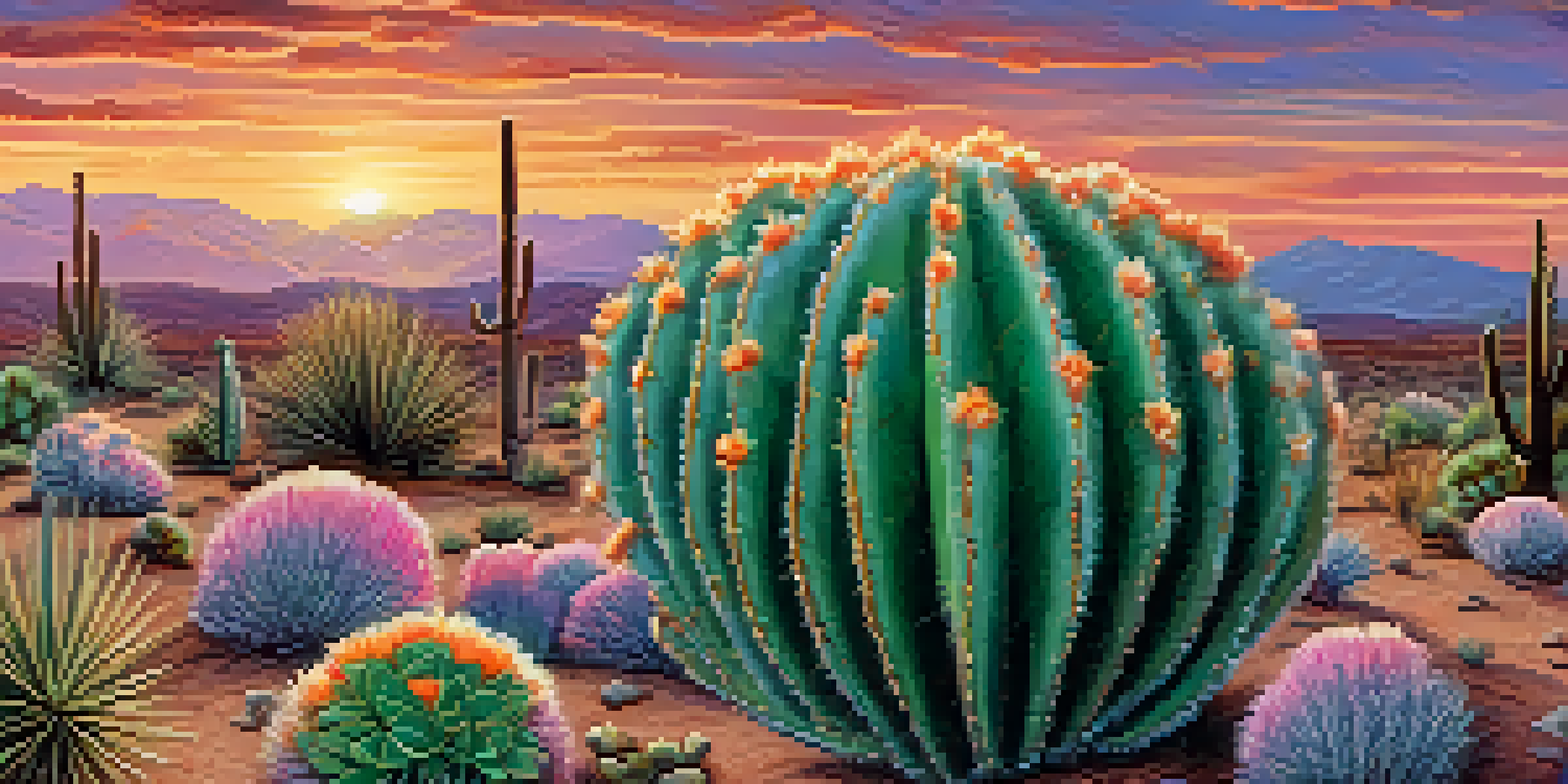 A peyote cactus blooming in a colorful desert landscape during sunset, with a warm sky and detailed textures.